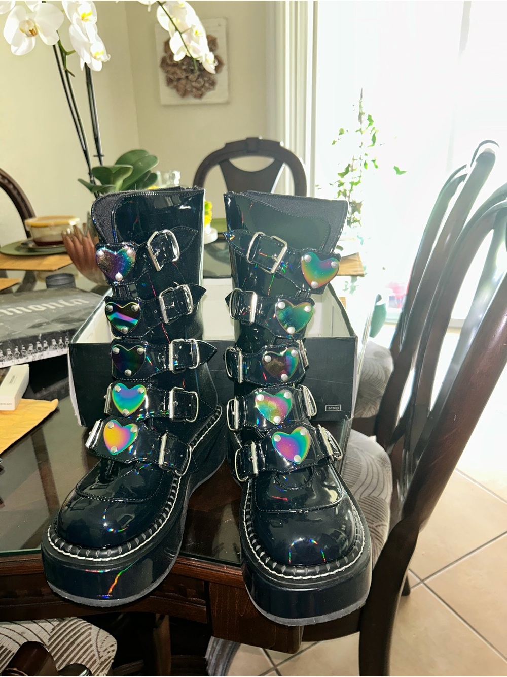 Demonia Black Patent Platform Combat Boots with Iridescent Heart Buckles